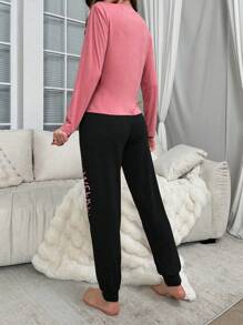 SHEIN Letter Graphic Tee & Pants PJ Set / Pajama Set, Fall Winter Clothes - Multicolor - View 2