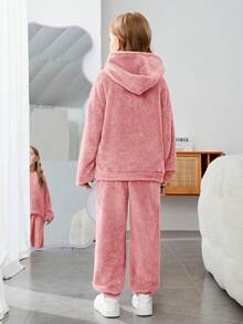 SHEIN Leap Crew Cô gái Tween Thư được vá Thả vai Flannel Áo Hoodie & Quần - Bụi hồng - Xem 2