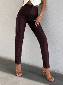 EURMUSE Solid High Waist PU Leather Pants - Brown - View 6