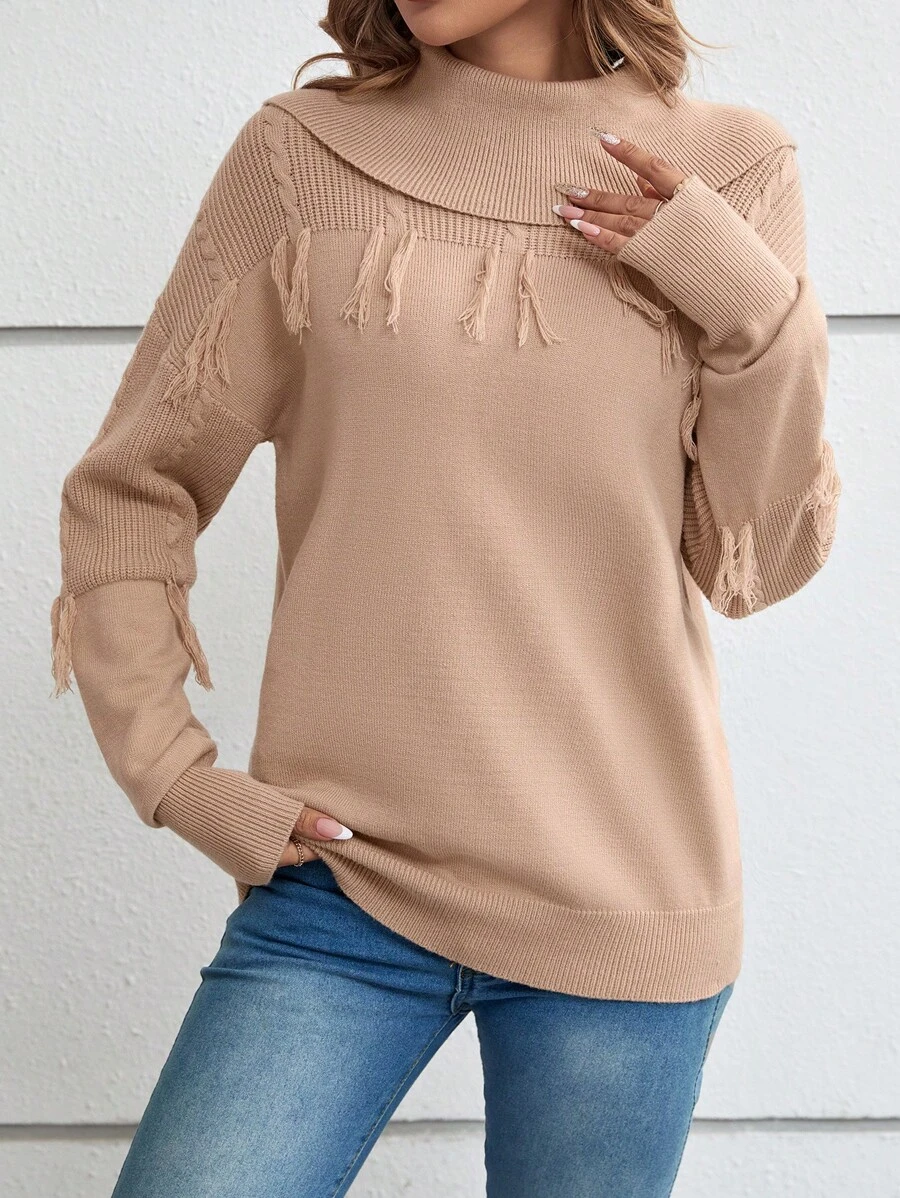 EMERY ROSE Foldover Collar Fringe Trim Drop Shoulder Sweater