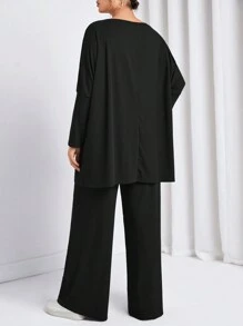 Auralis Plus Batwing Sleeve Solid Tee & Pants Spring - Black - View 2