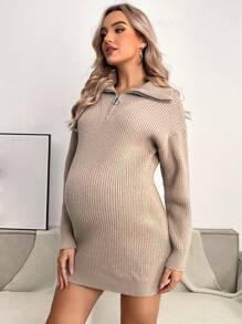 SHEIN Maternity Quarter Zip Drop Shoulder Sweater Dress - Khaki - View 3