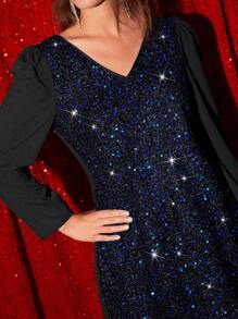 SHEIN Frenchy Contrast Sequin Tunic Dress - Navy Blue - View 3