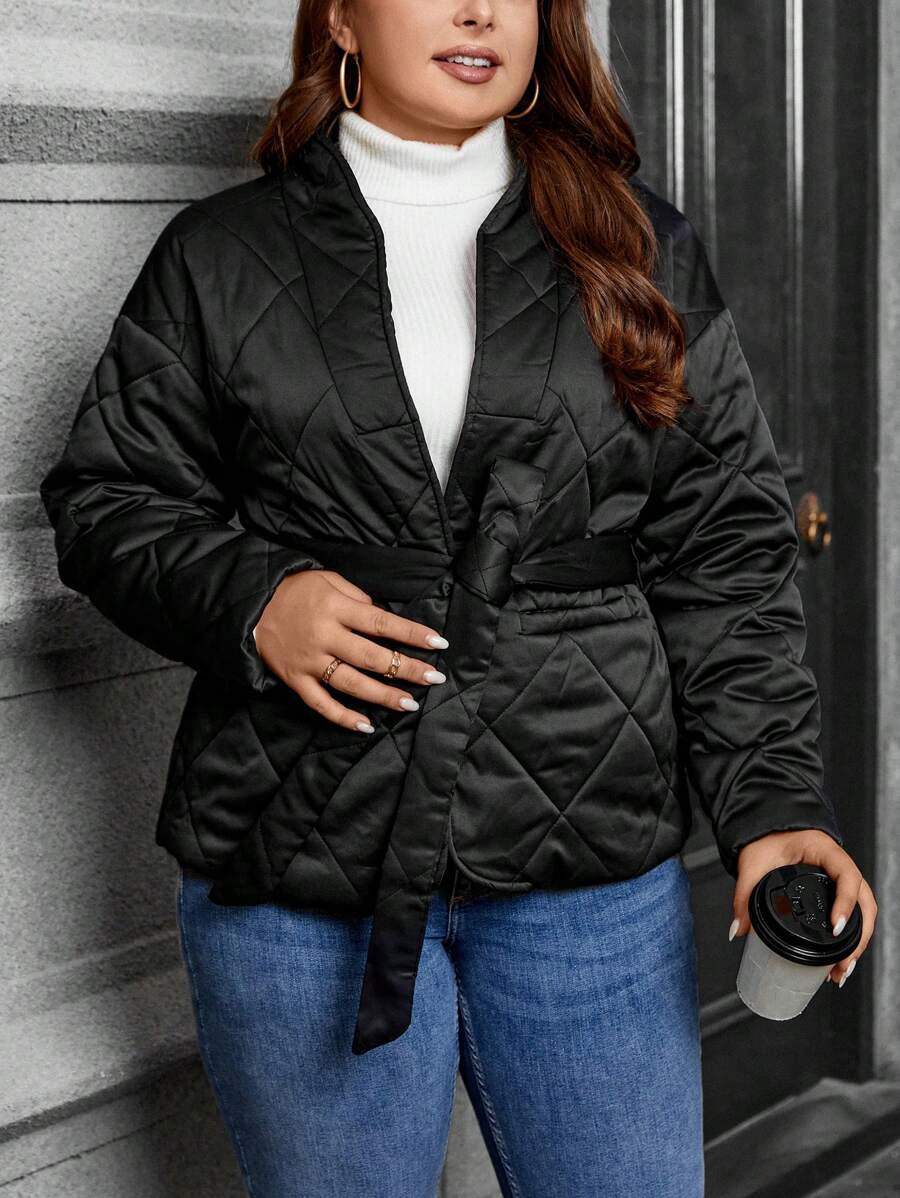 SHEIN Clasi Plus Dual Pocket Belted Quilted Coat - Black - View 1