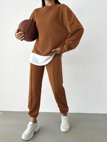 EURMUSE Drop Shoulder 2 In 1 Sweatshirt & Sweatpants - Camel - View 4