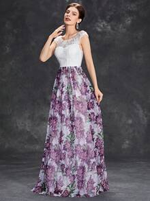 圓領性感露背蝴蝶結3d刺繡拼接網布印花洋裝喇叭下擺 - 紫色 - 查看 4