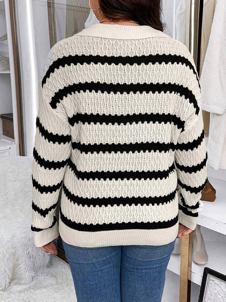 Plus Striped Pattern Drop Shoulder Sweater Knit Pullover Fall Winter Sweater