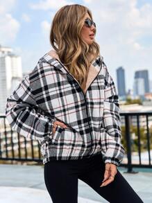 SHEIN Cottnline Plaid Print Drop Shoulder Fleece Lined Hooded Jacket - Black and White - View 2