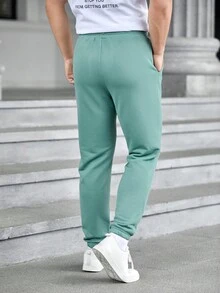 GENTILAND 男士打結腰帶運動長褲,印花文字圖案設計 - 綠色 - 查看 2