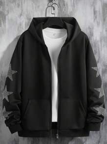 Manfinity Homme Men Rhinestone Star Pattern Zip Up Hooded Jacket Without Tee, Vacation, Long Sleeve, Zipper Jacket, Friends, Black Zip Up Hoodie Men, Men Graphic Hoodies, Designer Hoodies Men, Men Outerwear Co Ords - Black - View 1