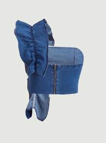 SHEIN MOD Plus One Shoulder Ruffle Trim Denim Top - Light Wash - View 2