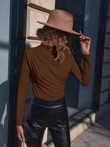SHEIN Clasi 立領褶皺背面鑰匙孔 T 卹 - 棕色 - 查看 4