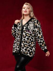 Marilyn Monroe X SHEIN Plus Leopard and Figure Pattern Button Front Cardigan - Multicolor - View 5