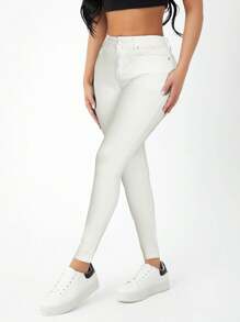 SHEIN PETITE Solid Skinny Cropped Jeans - White - View 3