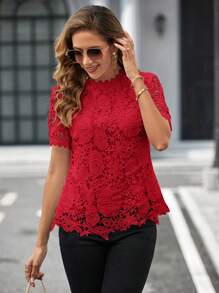 SHEIN Clasi Guipure Lace Mock Neck Blouse - Red - View 1