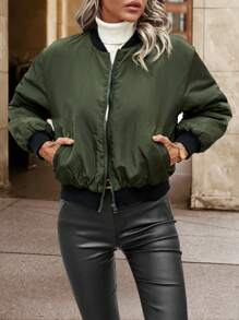 SHEIN Unity 拉链落肩棒球领加厚棉服外套冬季 - 軍綠色 - 查看 5