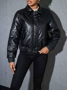 SHEIN Essnce 女式冬季纯色 PU 皮革前拉链短款休闲加厚外套 - 黑色 - 查看 5