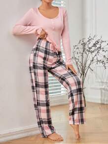 Plaid Print Knot Front Lounge Set - Multicolor - View 6