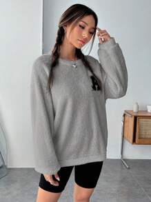SHEIN EZwear 字母貼布落肩袖毛茸茸運動衫 - 灰色 - 查看 4