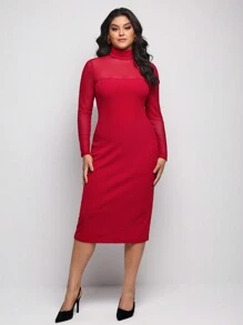 HOUSE OF SOLANA 高領網紗肩膀連身裙(大尺碼) - 紅色 - 查看 1