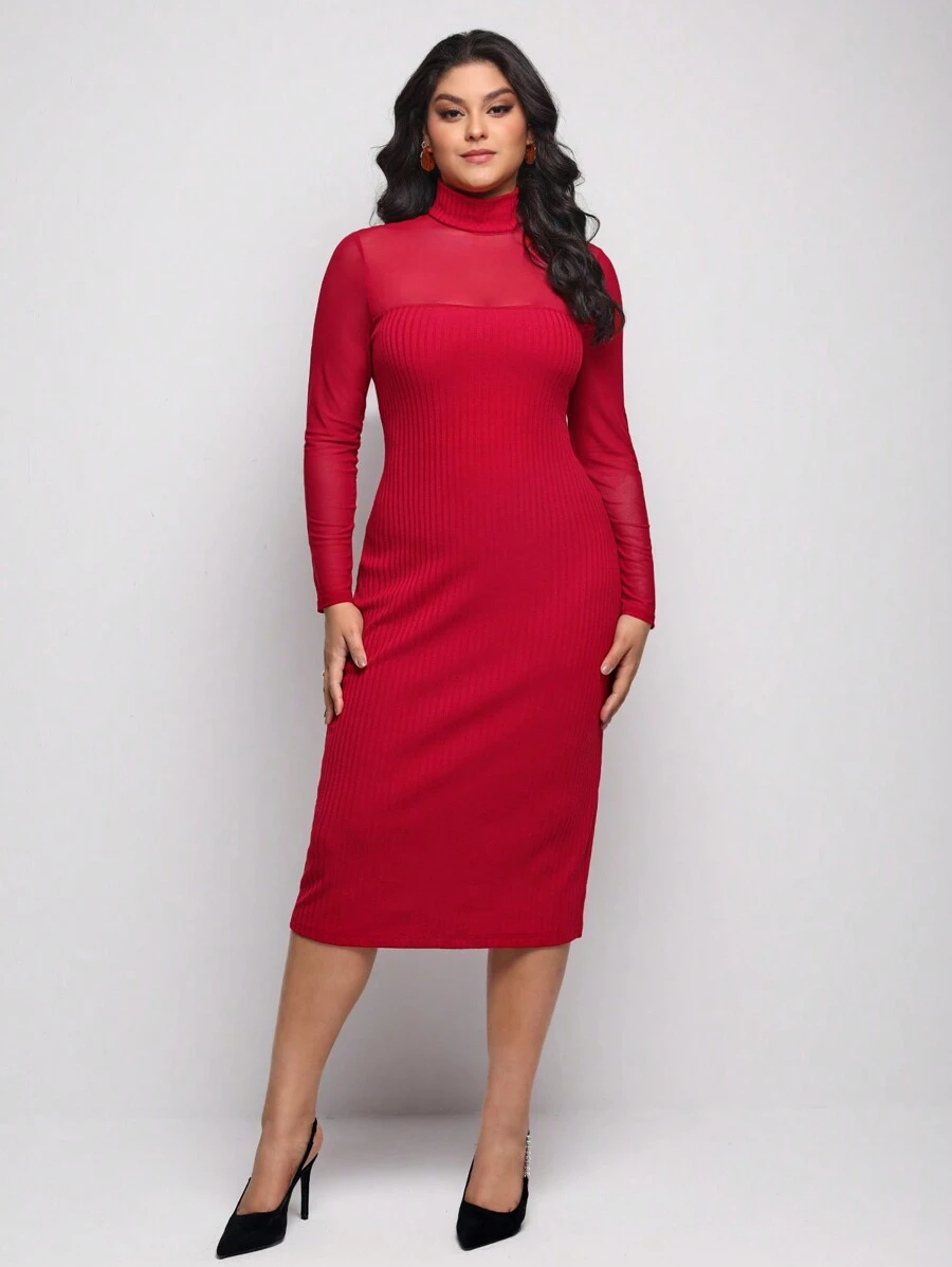 HOUSE OF SOLANA Vestido De Cuello Alto Y Malla De Tallas Grandes - Rojo - Ver 1