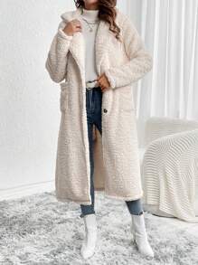 SHEIN LUNE Dual Pocket Drop Shoulder Teddy Coat - Apricot - View 3