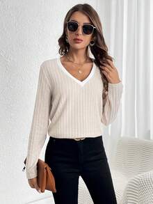 SHEIN LUNE Solid V Neck Ribbed Knit Tee - Apricot - View 3