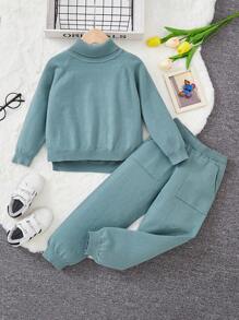 女小童高領插肩袖套頭毛衣和針織褲