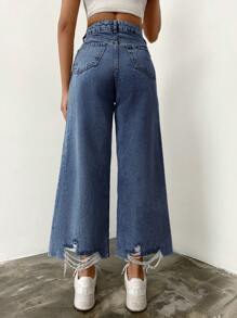 Cottnline Ripped Raw Hem Wide Leg Jeans - Dark Wash - View 2