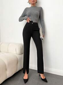 RueChic Asymmetrical Waist Side Split Straight Leg Pants - Black - View 5