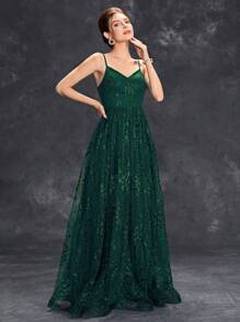 Contrast Sequin Mesh Elegant Cami Bridesmaid Dress - Dark Green - View 3