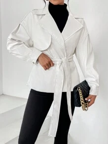 SHEIN Privé 落肩袖西裝領腰帶PU皮革外套 - 白色 - 查看 1