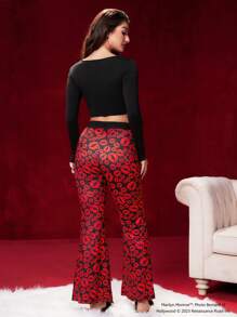 Marilyn Monroe X SHEIN Celebrity Lips Monogram Short T-Shirt And Flared Pants Set - Black - View 2