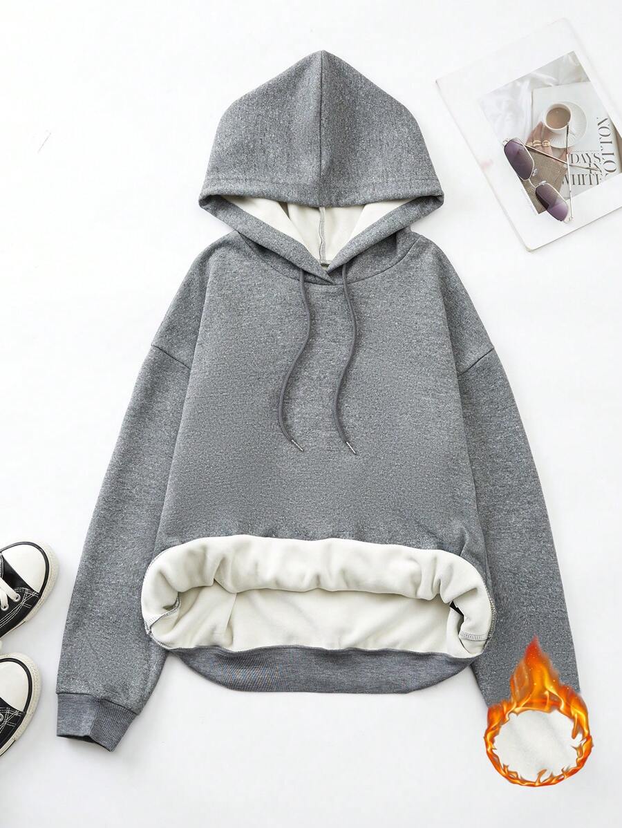 SHEIN Essnce 加絨內裏抽繩連帽衫 - 灰色 - 查看 1