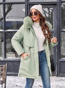 SHEIN Essnce Casual Solid Color Drawstring Waist Fur Collar Hooded Padded Padded Coat, Winter Clothes - Green - View 4