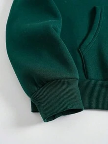 SHEIN Unity 加大码字母图案袋鼠口袋抽绳保暖卫衣 - 墨綠色 - 查看 3