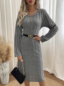SHEIN LUNE Chất rắn Đồ đan Ribbed Đầm Áo len Không có thắt lưng - Xám - Xem 1