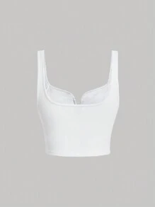 SHEIN MOD Women's Square Neckline Cropped Camisole For Summer With Visible Stitches - White - View 2