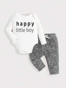 SHEIN Bộ áo liền quần và quần nhung in chữ cho bé trai sơ sinh - Nhiều màu - Xem 1