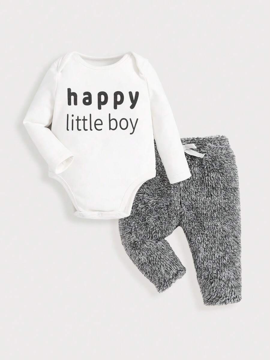 SHEIN Bộ áo liền quần và quần nhung in chữ cho bé trai sơ sinh - Nhiều màu - Xem 1