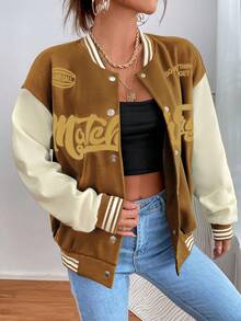 SHEIN Unity Áo khoác sọc họa tiết Letter Graphic Colorblock thả vai - màu nâu - Xem 3