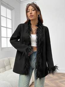 SHEIN EZwear Women's Trimmed Black Overcoat - Black - View 5