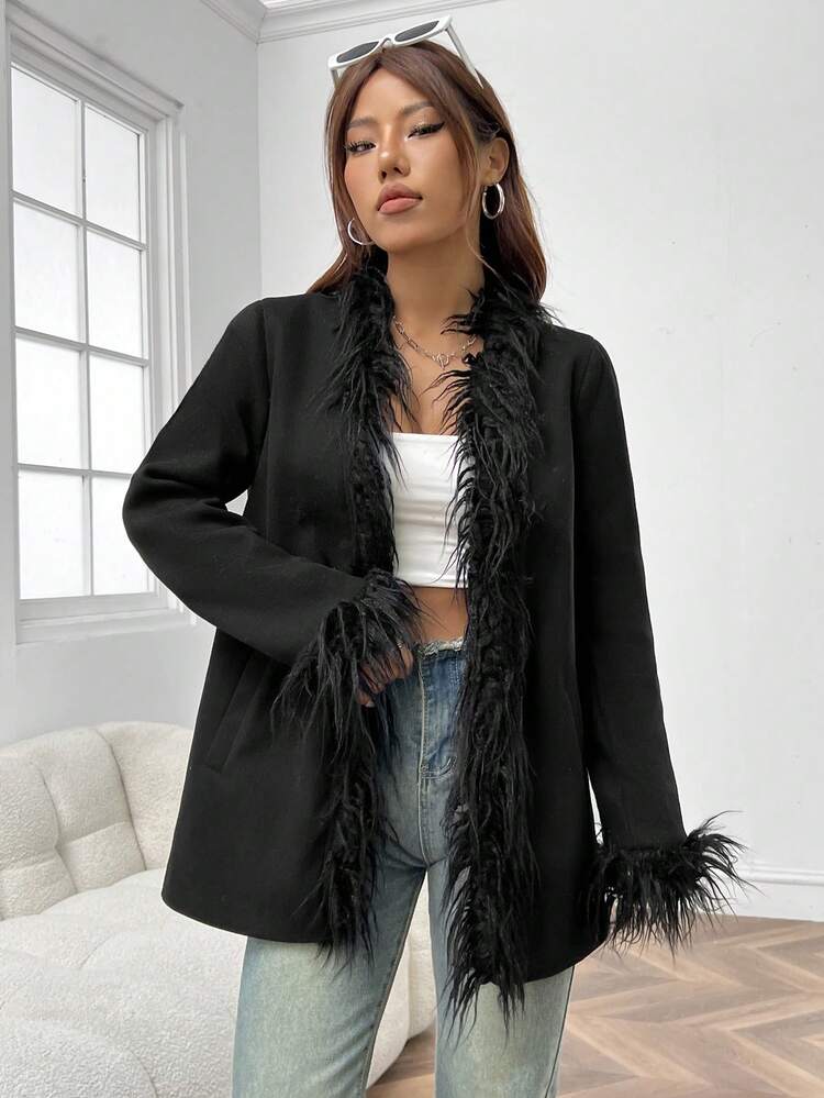 Women's Trimmed Black Overcoat