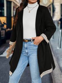 SHEIN LUNE Plus Contrast Trim Belted Coat - Black - View 5