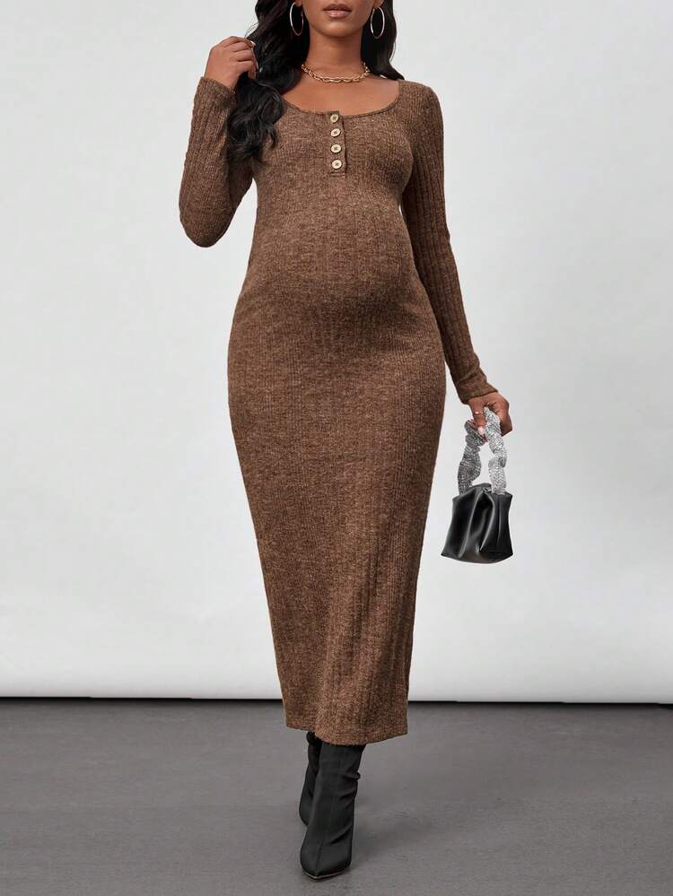 Maternity Marled Knit Button Front Dress