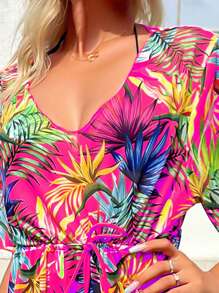 SHEIN Swim Summer Beach Tropical Print Drawstring Waist Cover Up - Multicolor - View 3