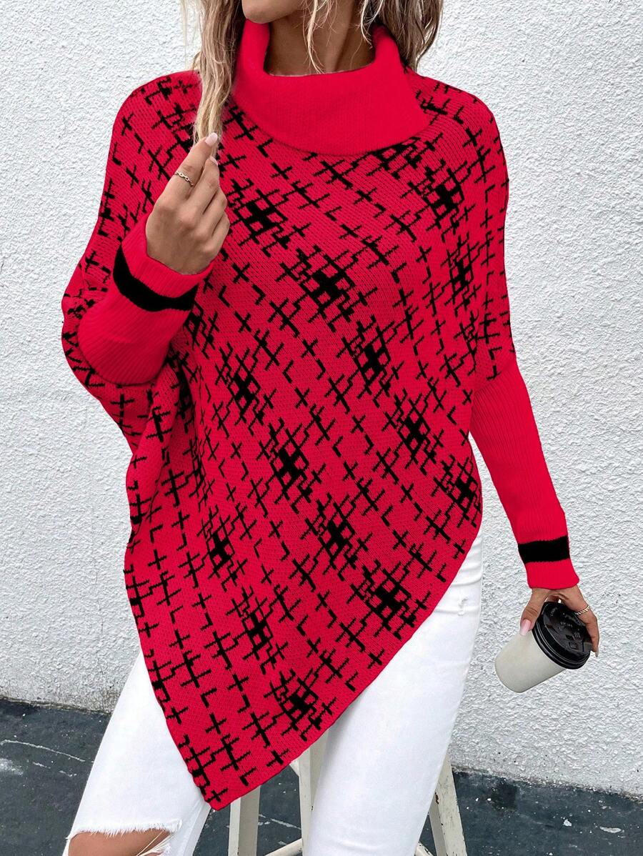 SHEIN Unity 幾何圖案高領蝙蝠袖不對稱下擺斗篷毛衣 - 紅色 - 查看 1