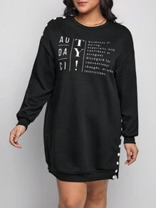 CHELITA LENICE 大碼標語圖案紐扣細節落肩袖衛衣洋裝 - 黑色 - 查看 1