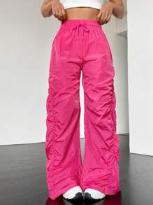 SHEIN Coolane 腰部抽繩褶邊降落傘褲 - 玫紅色 - 查看 6