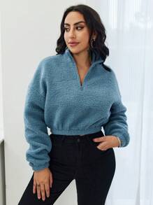 SHEIN LUNE Sudadera corta de franela con cremallera media y hombros caídos para otoño - Neblina azul - Ver 1